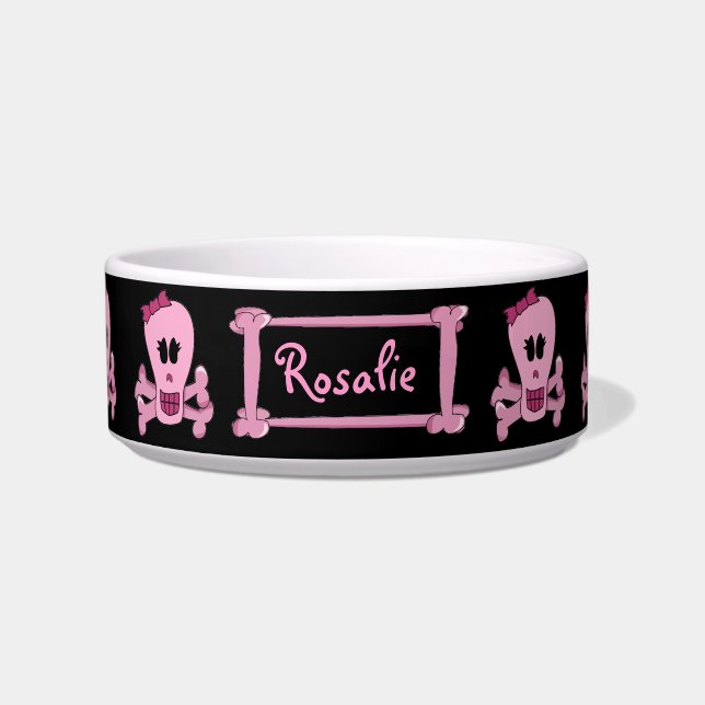 Pink Punk Skull with Bow Personalized Pet Bowl (Front)