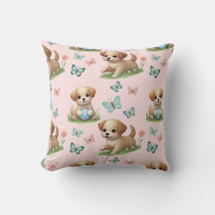 Pink Puppies and Butterflies Watercolor Throw Pillow