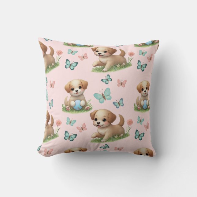 Pink Puppies and Butterflies Watercolor Throw Pillow (Front)