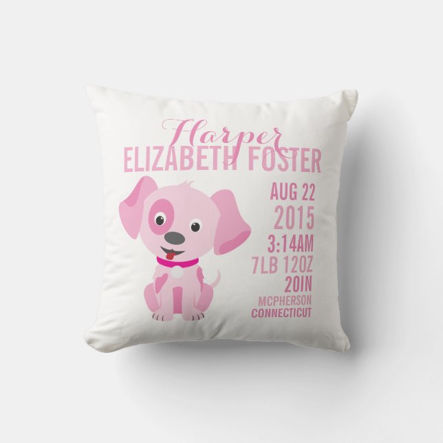 Pink Puppy Birth Announcement Nursery Pillow (Front)