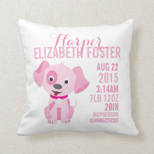 Pink Puppy Birth Announcement Nursery Pillow