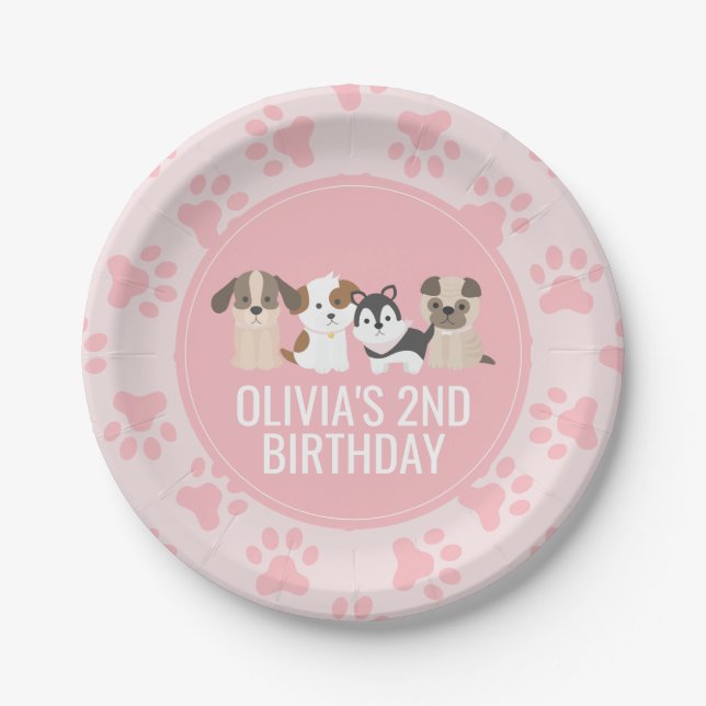 Pink Puppy birthday party plates paw prints (Front)