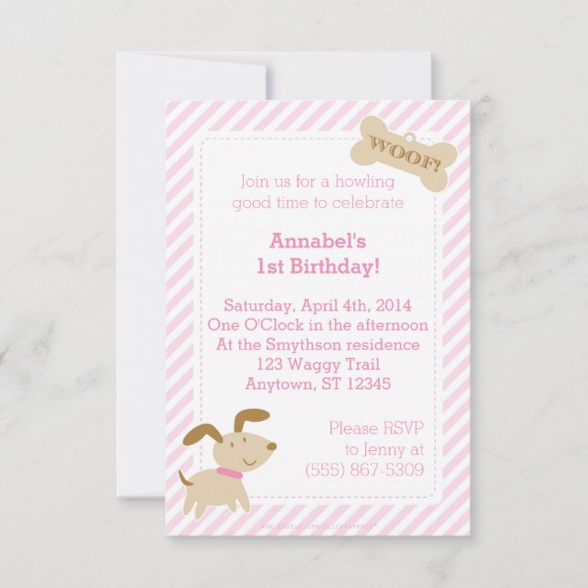 Pink Puppy Dog Invitation with Stripes and Dots (Front)