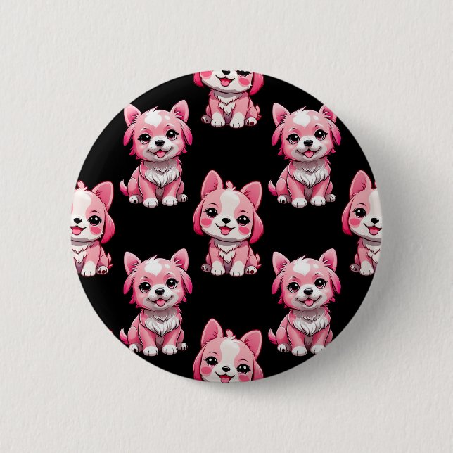 Pink Puppy Dog Pattern Design - Black  2 Inch Round Button (Front)