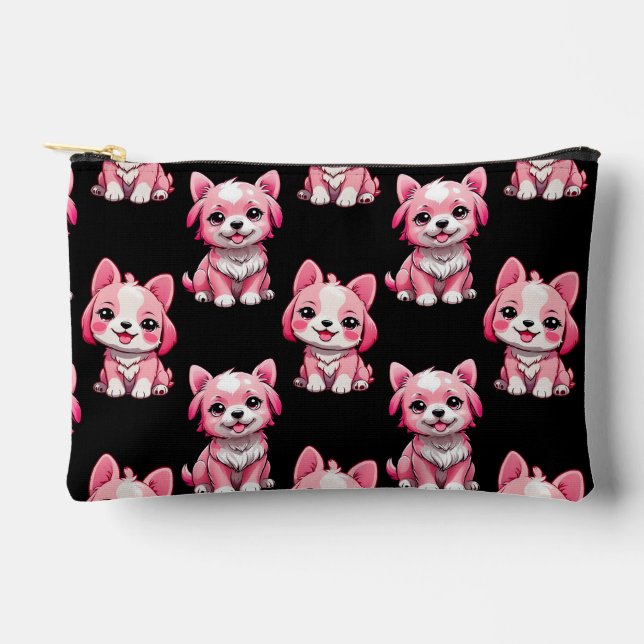 Pink Puppy Dog Pattern Design - Black  Accessory Pouch (Front)