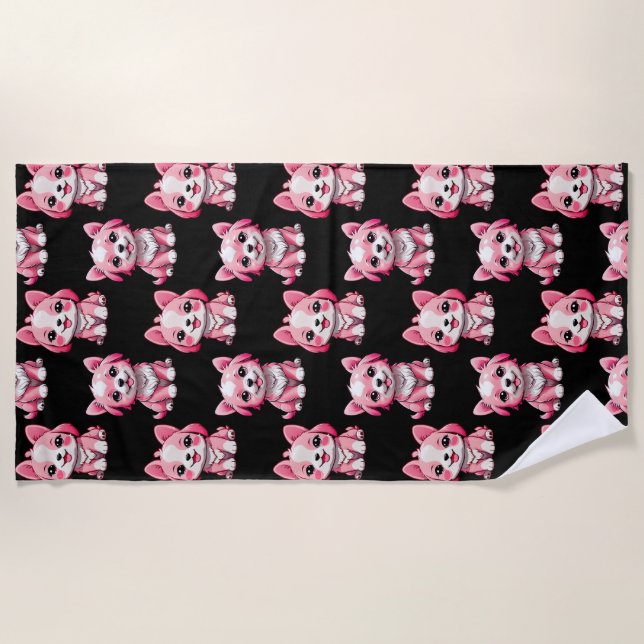 Pink Puppy Dog Pattern Design - Black  Beach Towel (Front)