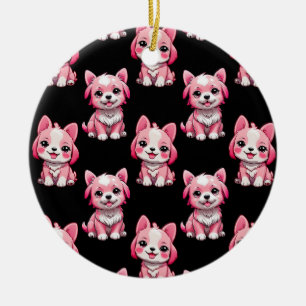Pink Puppy Dog Pattern Design - Black Ceramic Ornament