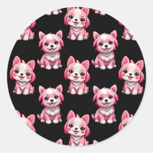 Pink Puppy Dog Pattern Design - Black  Classic Round Sticker