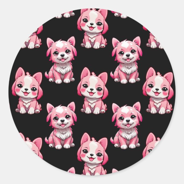 Pink Puppy Dog Pattern Design - Black  Classic Round Sticker (Front)