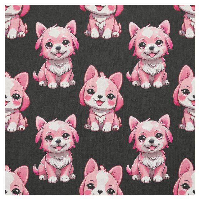 Pink Puppy Dog Pattern Design - Black  Fabric (Swatch)