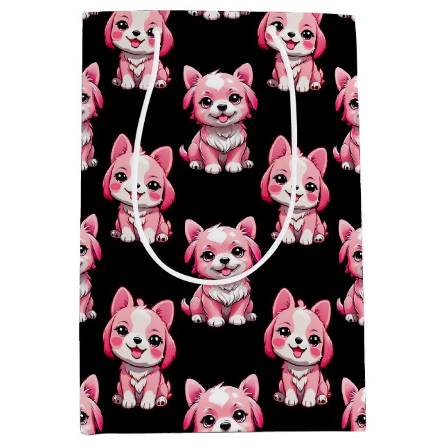 Pink Puppy Dog Pattern Design - Black  Medium Gift Bag (Front)