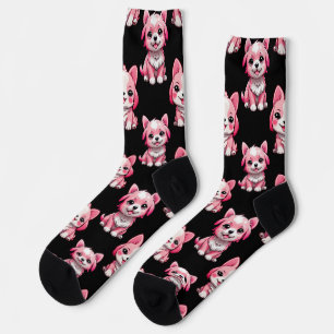 Pink Puppy Dog Pattern Design - Black Socks