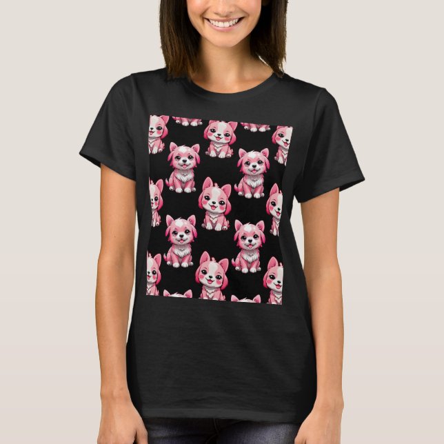 Pink Puppy Dog Pattern Design - Black  T-Shirt (Front)