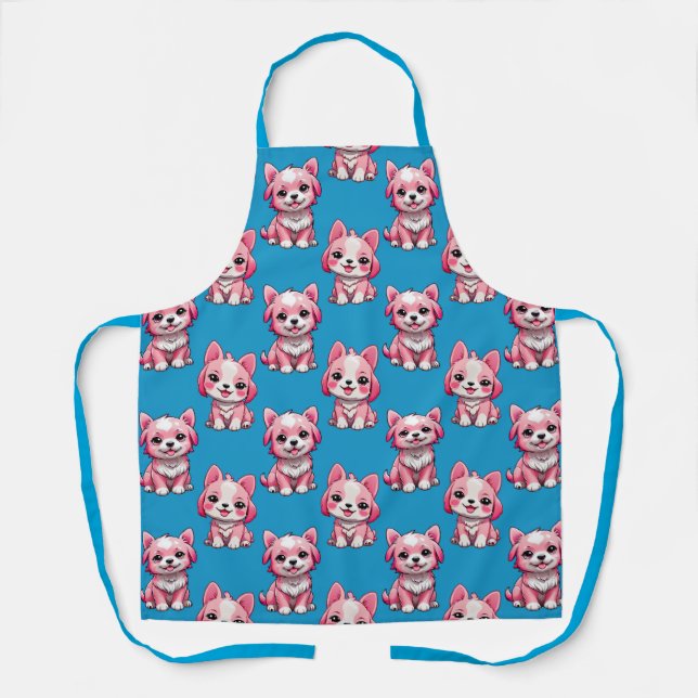 Pink Puppy Dog Pattern Design - Blue Apron (Front)