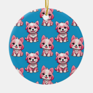 Pink Puppy Dog Pattern Design - Blue Ceramic Ornament