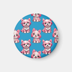 Pink Puppy Dog Pattern Design - Blue Magnet