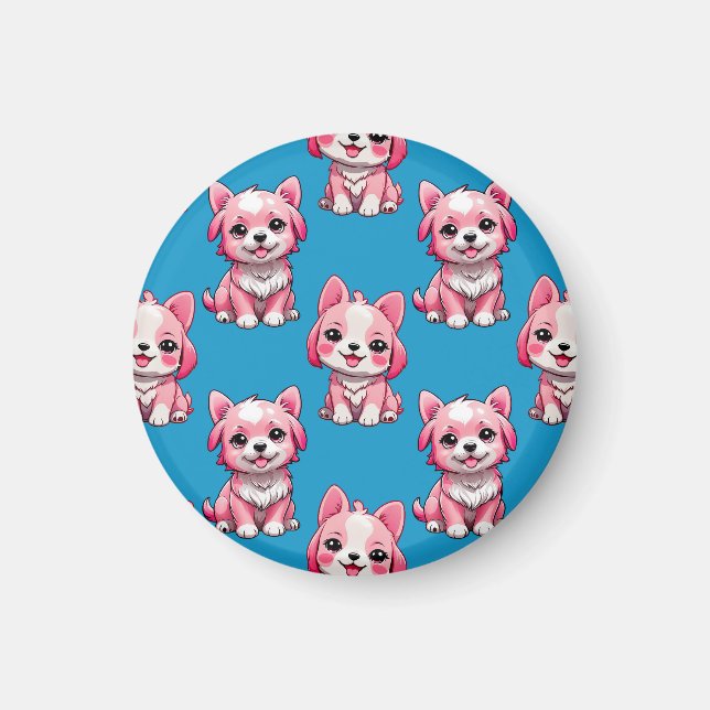 Pink Puppy Dog Pattern Design - Blue Magnet (Front)