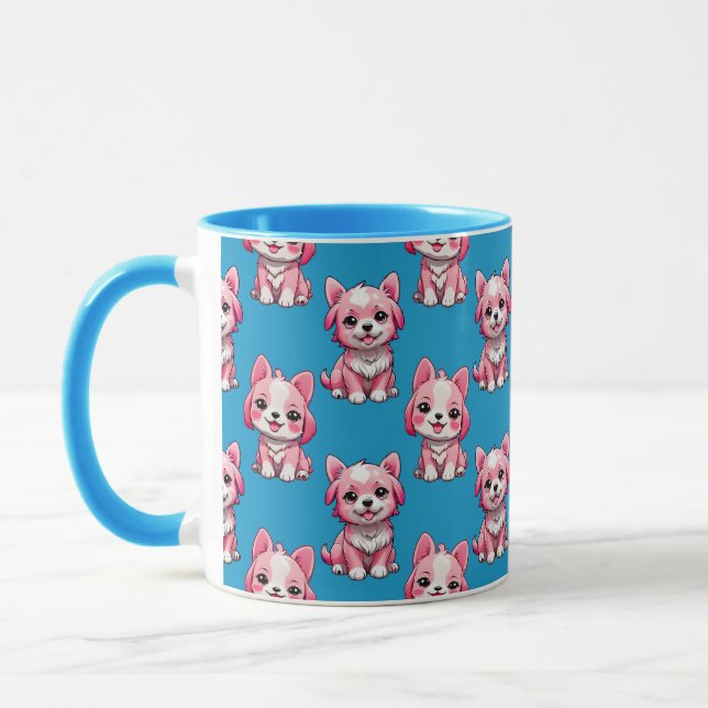 Pink Puppy Dog Pattern Design - Blue Mug (Left)
