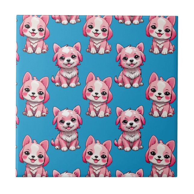 Pink Puppy Dog Pattern Design - Blue Tile (Front)