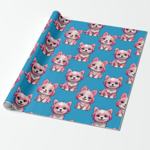 Pink Puppy Dog Pattern Design - Blue Wrapping Paper