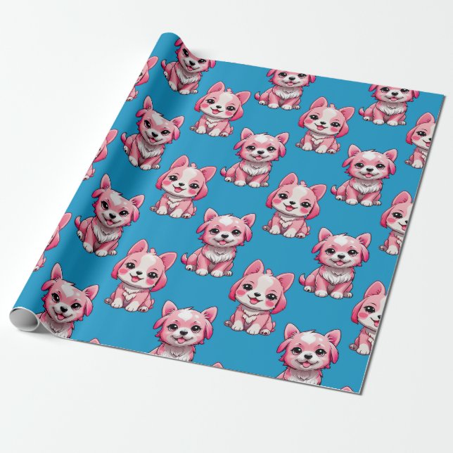 Pink Puppy Dog Pattern Design - Blue Wrapping Paper (Unrolled)