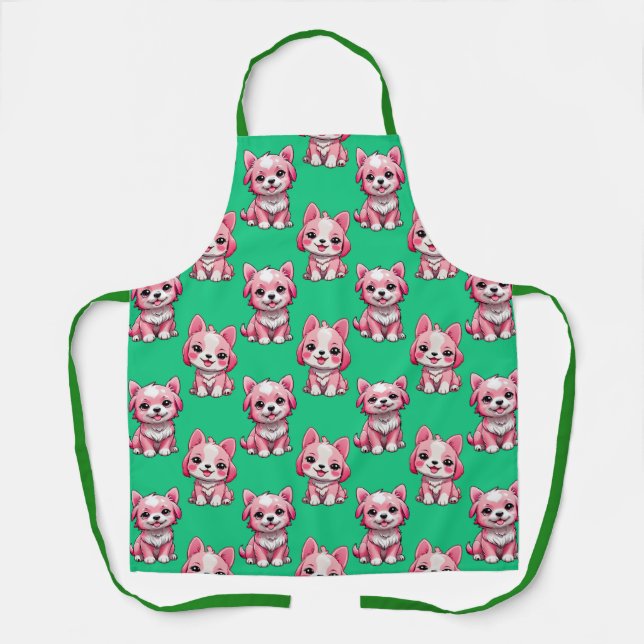 Pink Puppy Dog Pattern Design - Green  Apron (Front)