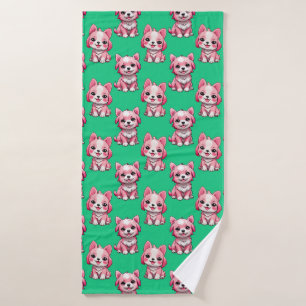 Pink Puppy Dog Pattern Design - Green Bath Towel