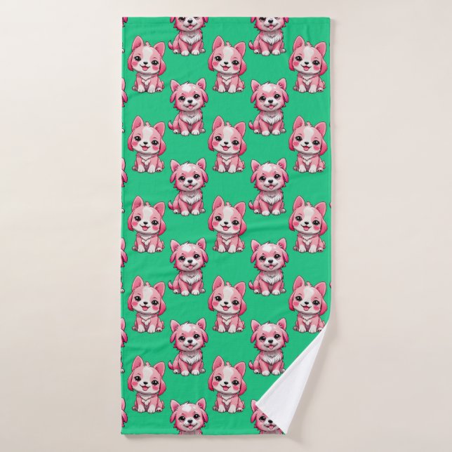 Pink Puppy Dog Pattern Design - Green  Bath Towel (Bath Towel)