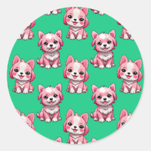 Pink Puppy Dog Pattern Design - Green Classic Round Sticker