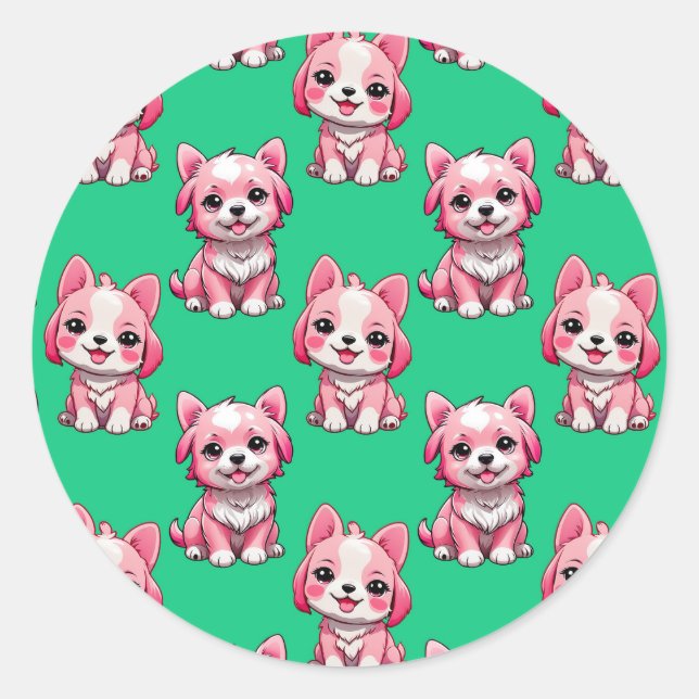 Pink Puppy Dog Pattern Design - Green  Classic Round Sticker (Front)