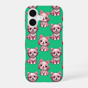 Pink Puppy Dog Pattern Design - Green iPhone 16 Case