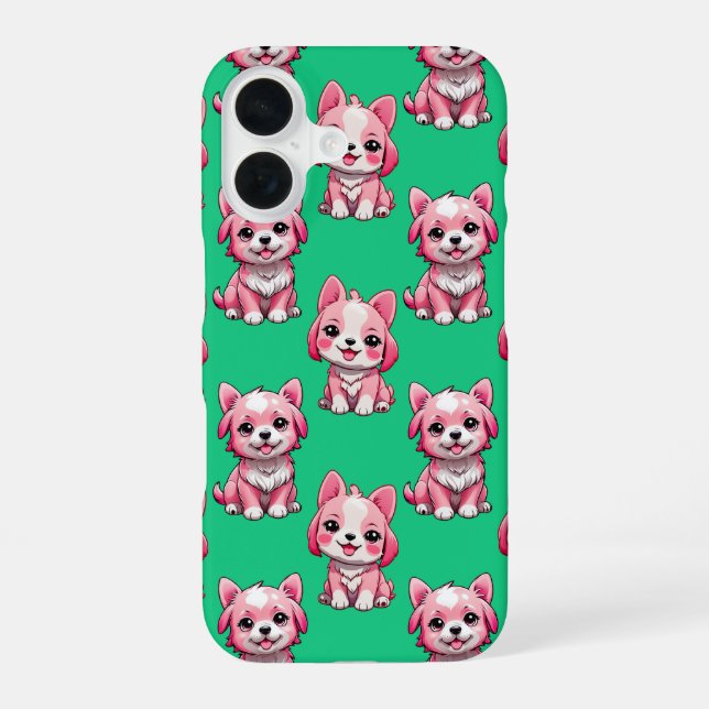 Pink Puppy Dog Pattern Design - Green  iPhone 16 Case (Back)