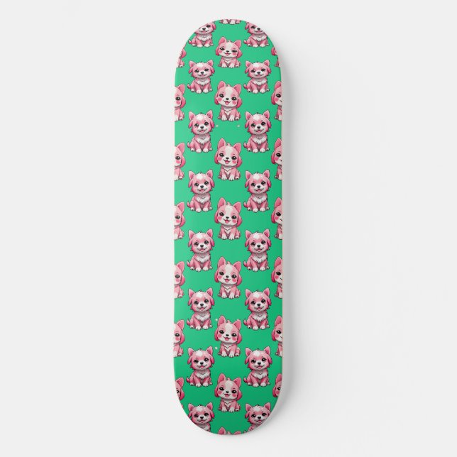 Pink Puppy Dog Pattern Design - Green  Skateboard (Front)
