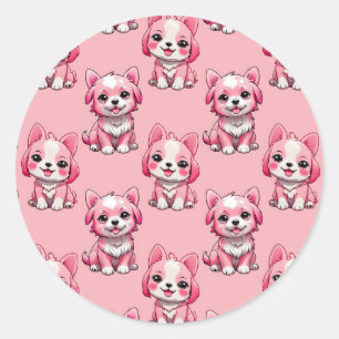 Pink Puppy Dog Pattern Design - Pink Classic Round Sticker