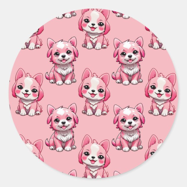 Pink Puppy Dog Pattern Design - Pink Classic Round Sticker (Front)
