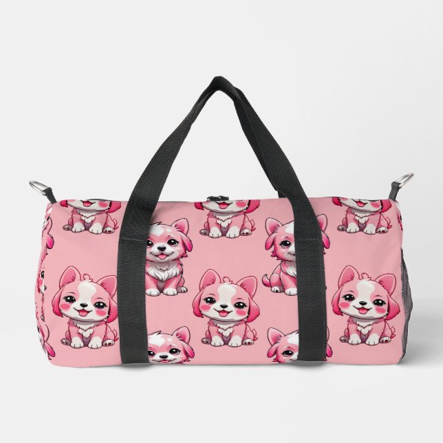 Pink Puppy Dog Pattern Design - Pink Duffle Bag (Front)