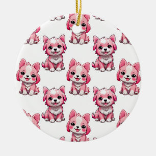 Pink Puppy Dog Pattern Design - white Ceramic Ornament