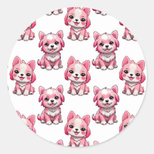 Pink Puppy Dog Pattern Design - white  Classic Round Sticker