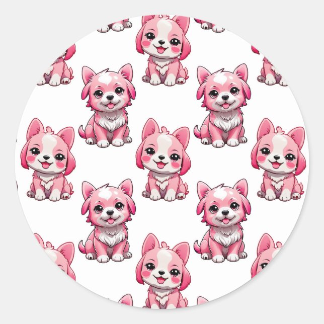 Pink Puppy Dog Pattern Design - white  Classic Round Sticker (Front)