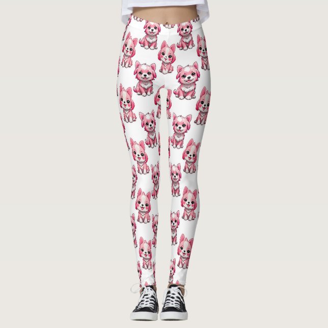 Pink Puppy Dog Pattern Design - white  Leggings (Front)