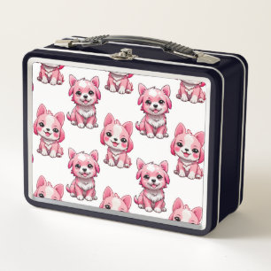 Pink Puppy Dog Pattern Design - white Metal Lunch Box