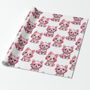 Pink Puppy Dog Pattern Design - white Wrapping Paper