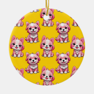 Pink Puppy Dog Pattern Design - Yellow  Ceramic Ornament