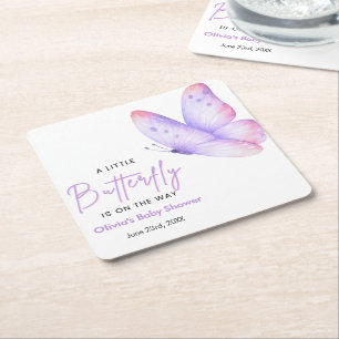 Pink Purple A Little Butterfly Baby Shower  Square Paper Coaster