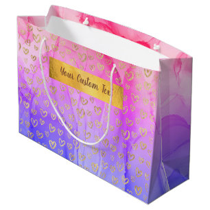 Pink Purple Abstract Gold Hearts Custom Text Large Gift Bag