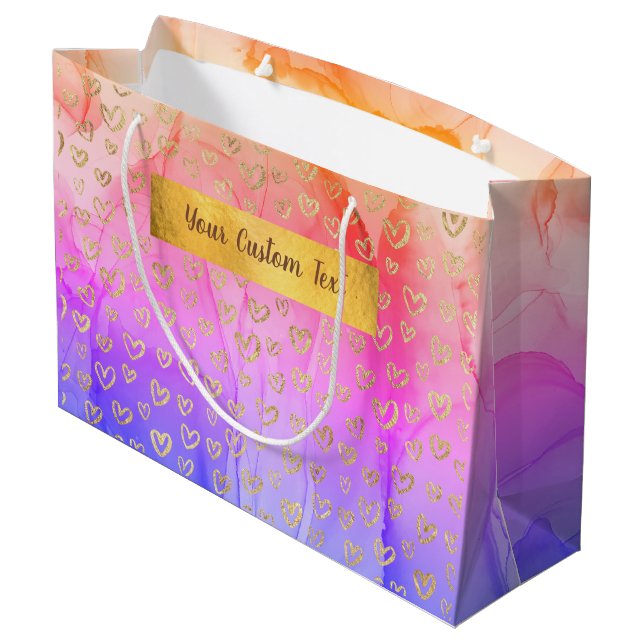 Pink Purple Abstract Gold Hearts Custom Text Large Gift Bag (Back Angled)