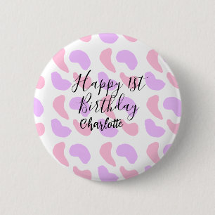 Pink purple abstracts shapes happy 1st birthday na 2 inch round button