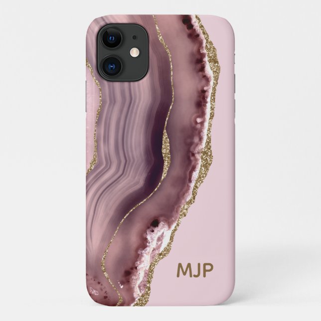 Pink & Purple Agate Geode Gold Monogram Case-Mate iPhone Case (Back)