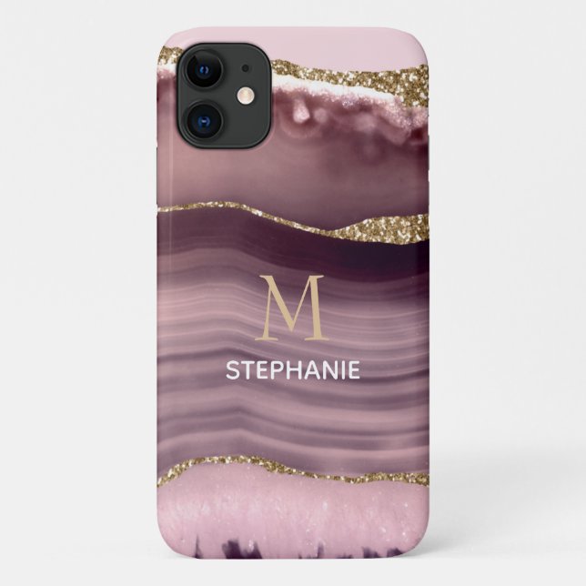 Pink & Purple Agate Geode Monogram Name Case-Mate iPhone Case (Back)
