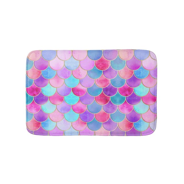 Pink, Purple and Aqua Mermaid Scale Pattern Bath Mat (Front)